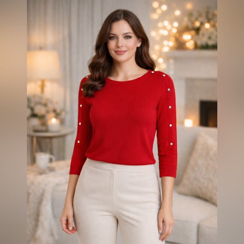 Rafaella Red Silver Studded 3/4 Sleeve Top